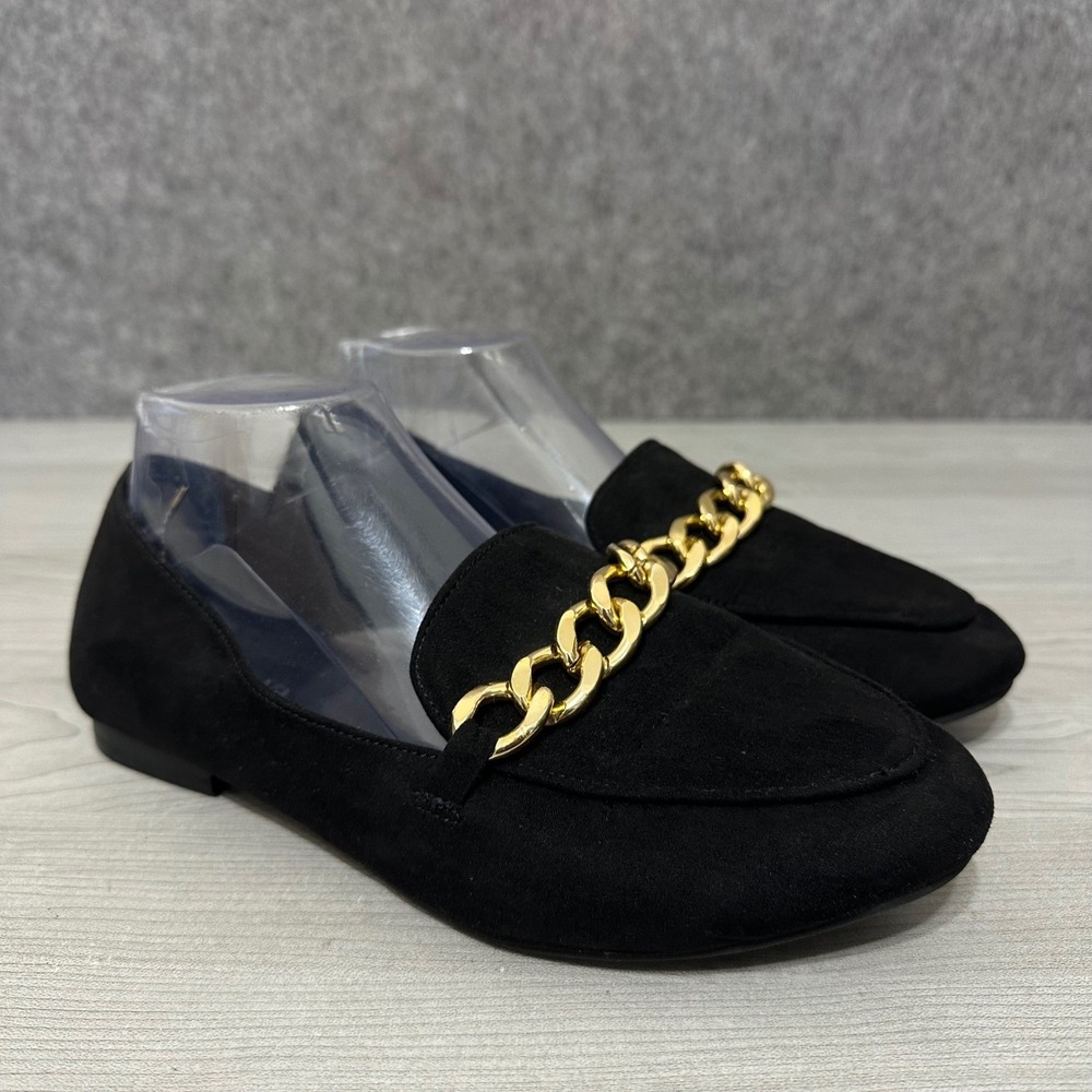 Torrid Womens Size 8.5‎ WE Black Faux Suede Gold Chain Link Loafers